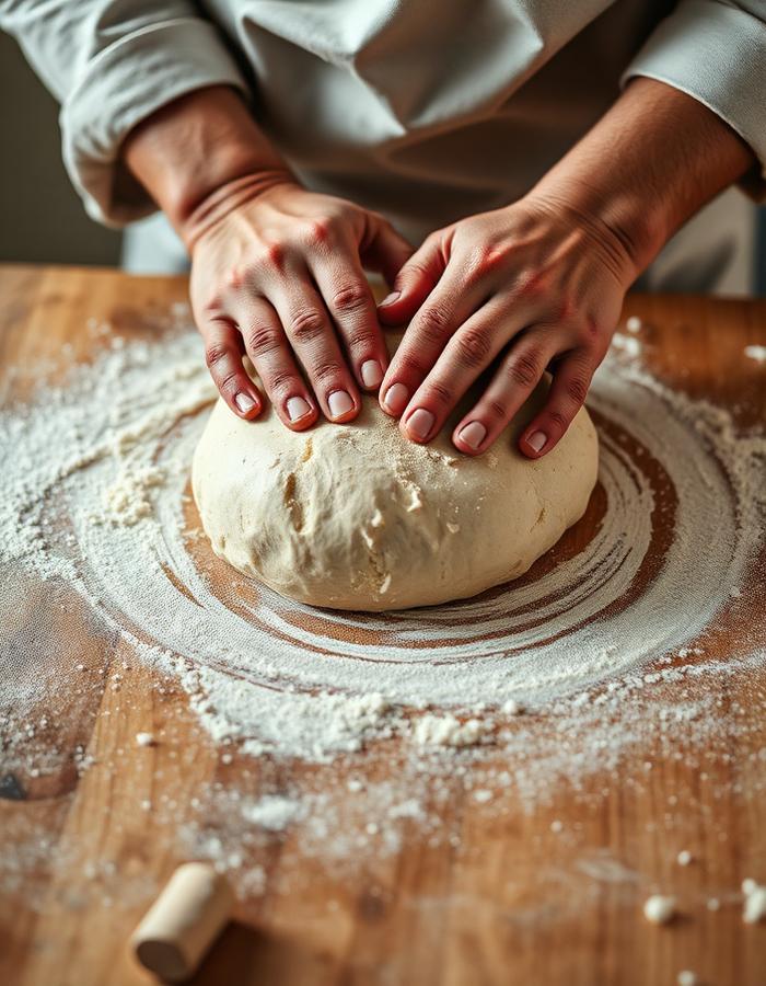 Tangan pembuat roti menguleni adonan